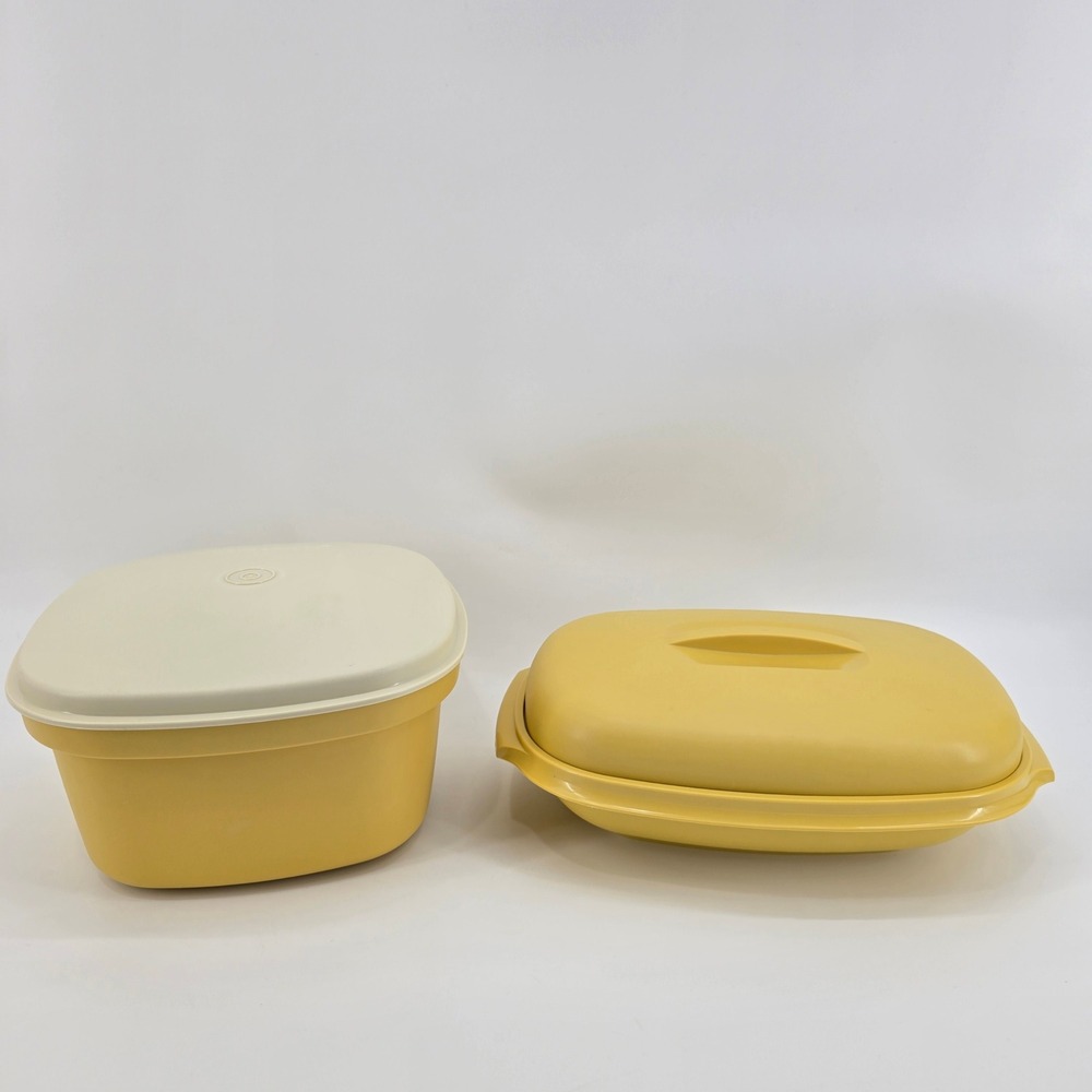 Tupperware Steamer Multi Server Set Vintage Harvest Gold Almond 2pc Set